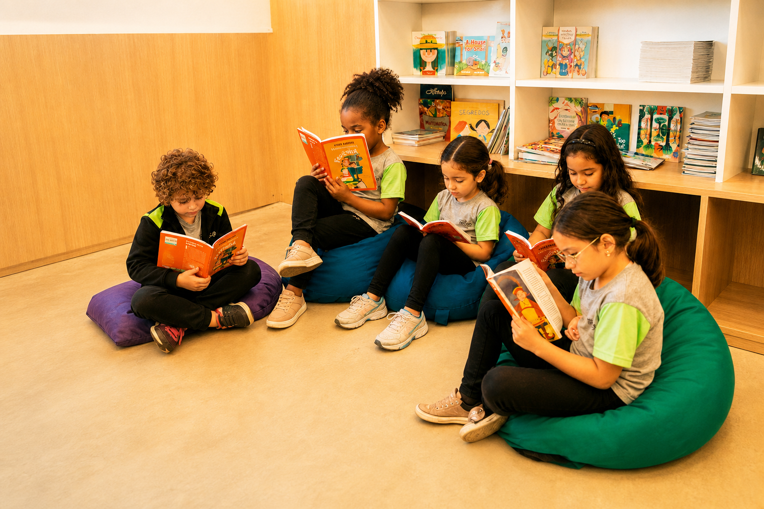 Crianças lendo juntas em um ambiente acolhedor da Escola Mais